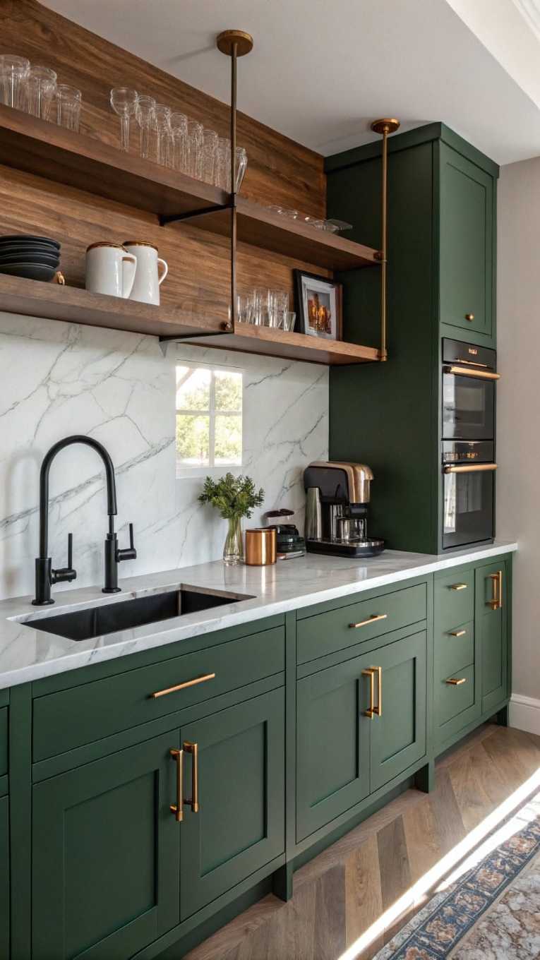 Green base cabinets, open wood shelves, marble backsplash, warm pendant lighting.