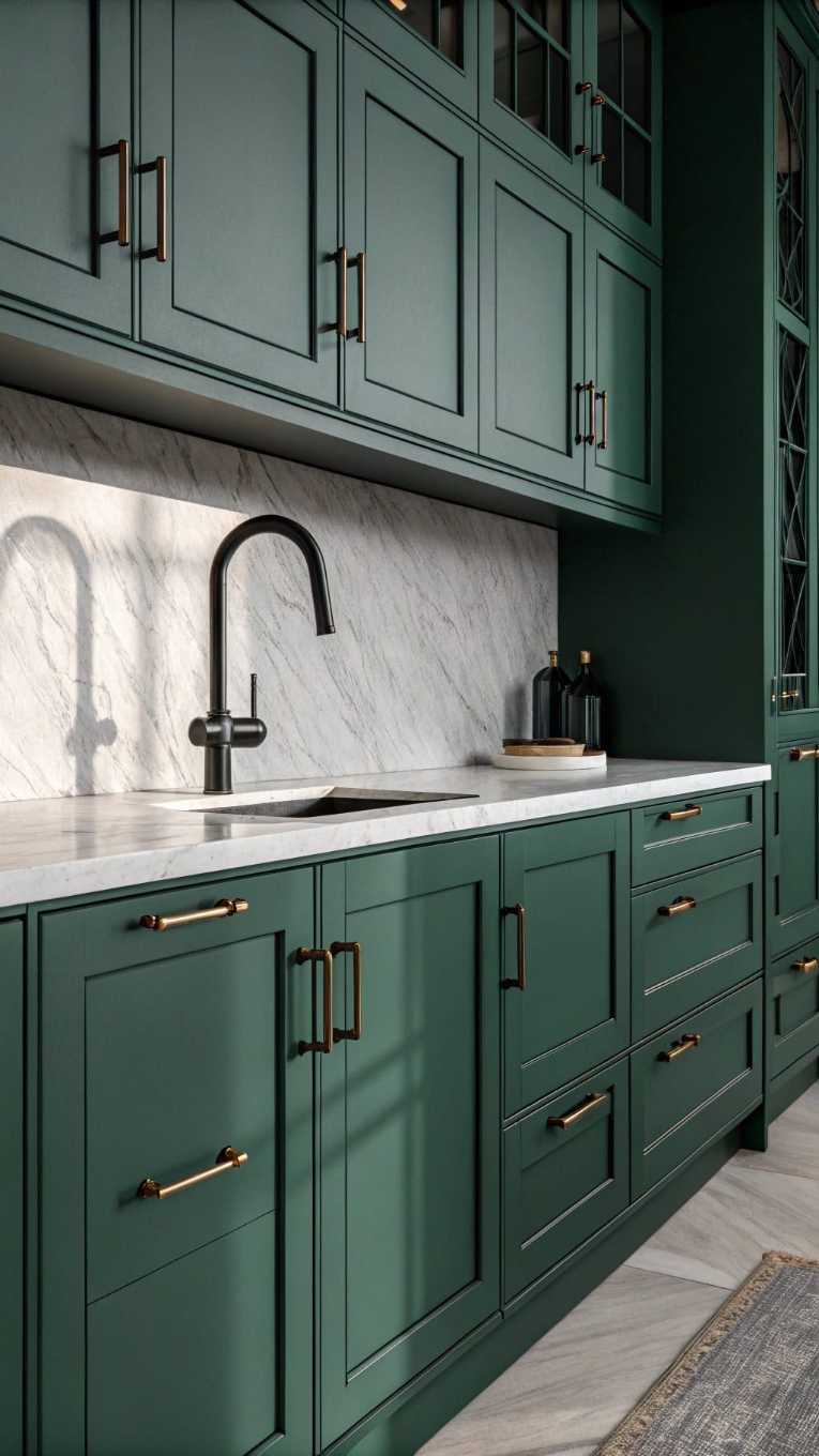 Green shaker style cabinets, gold hardware, black faucet, brushed steel lighting.