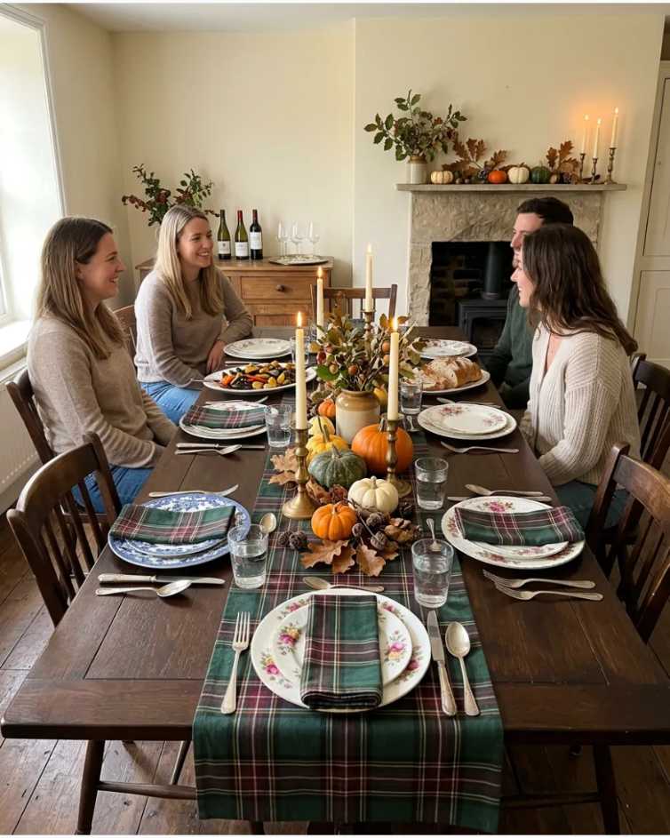 Green tartan plaid runner on a wooden table with white plates