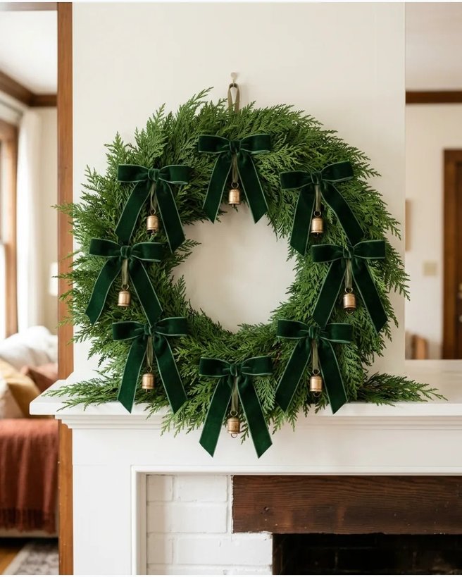 Green velvet ribbon bells wreath on white door