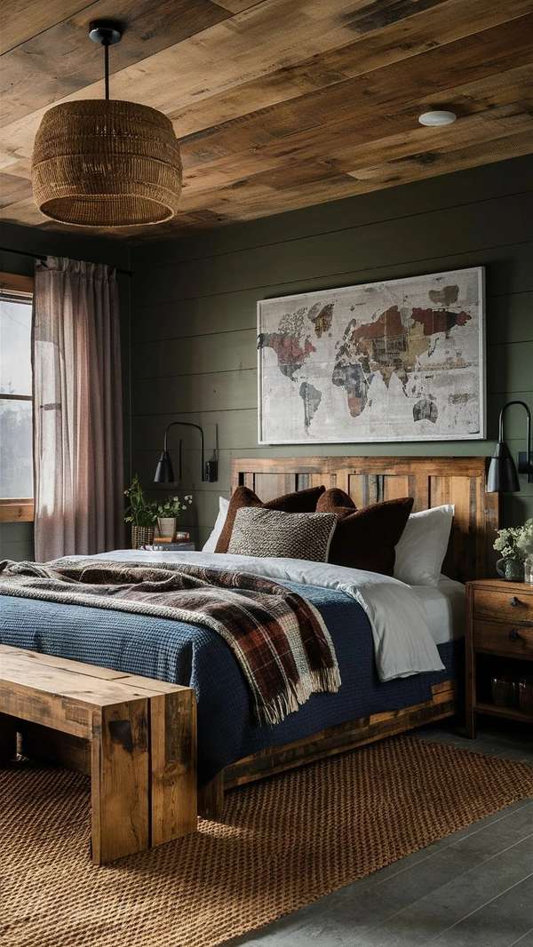 Rustic bedroom featuring emerald green accent wall, wooden ceiling beams, and vintage world map artwork