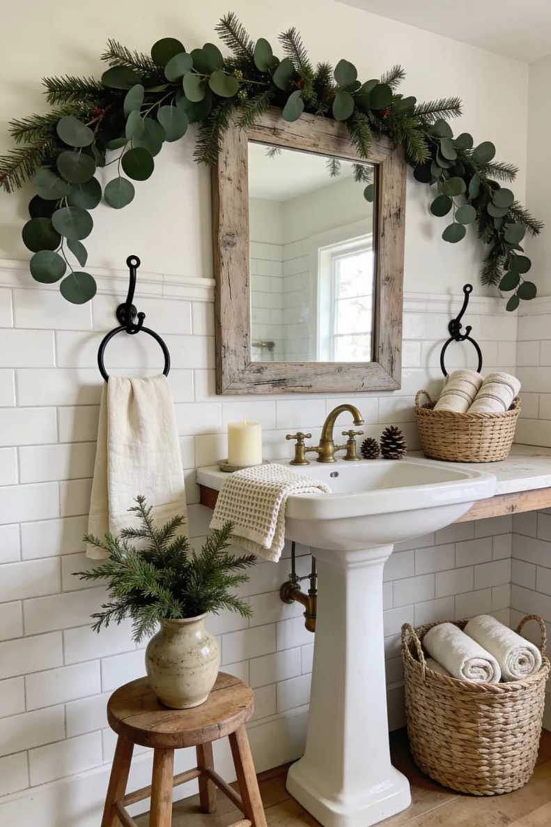 Green garland over vanity, white bathroom, natural holiday accent, warm light