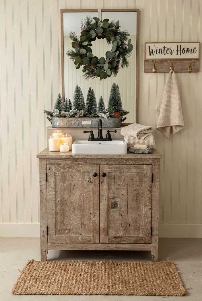 Vanity with greenery, white bathroom, natural holiday accent, organized display