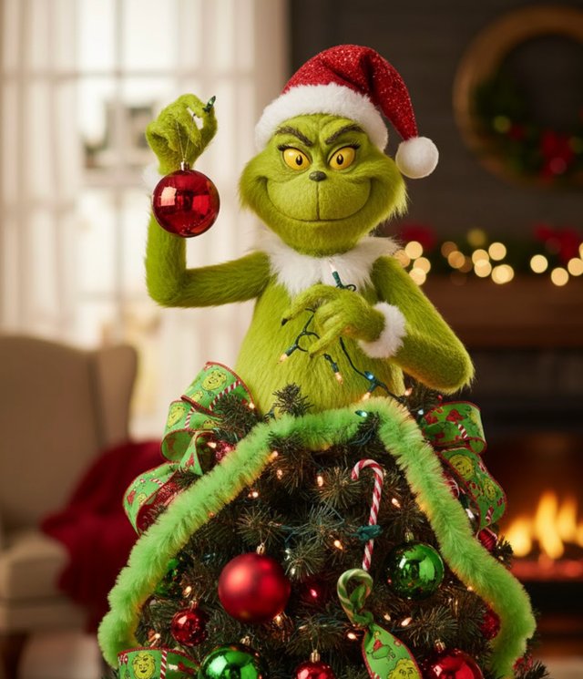 Tree with a Grinch figure topper in a cozy room