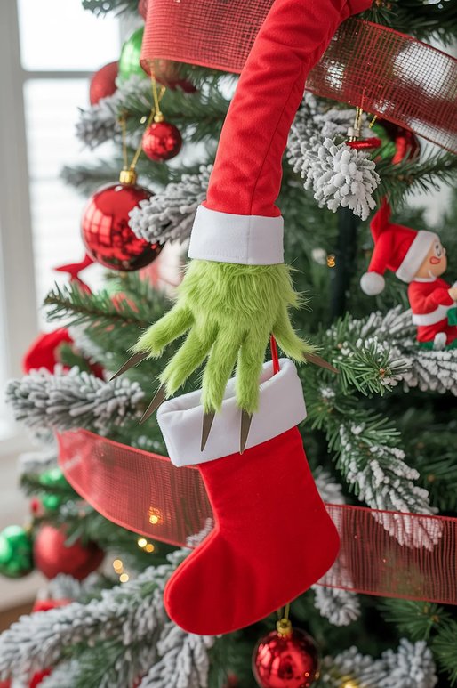Close up of a Grinch hand holding a red stocking
