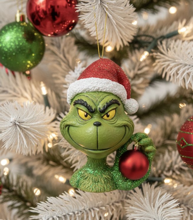 White tree with a Grinch head ornament in a bright room