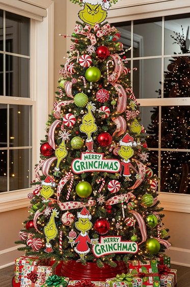 Tree with Grinchmas signs and red ribbon in a bright room