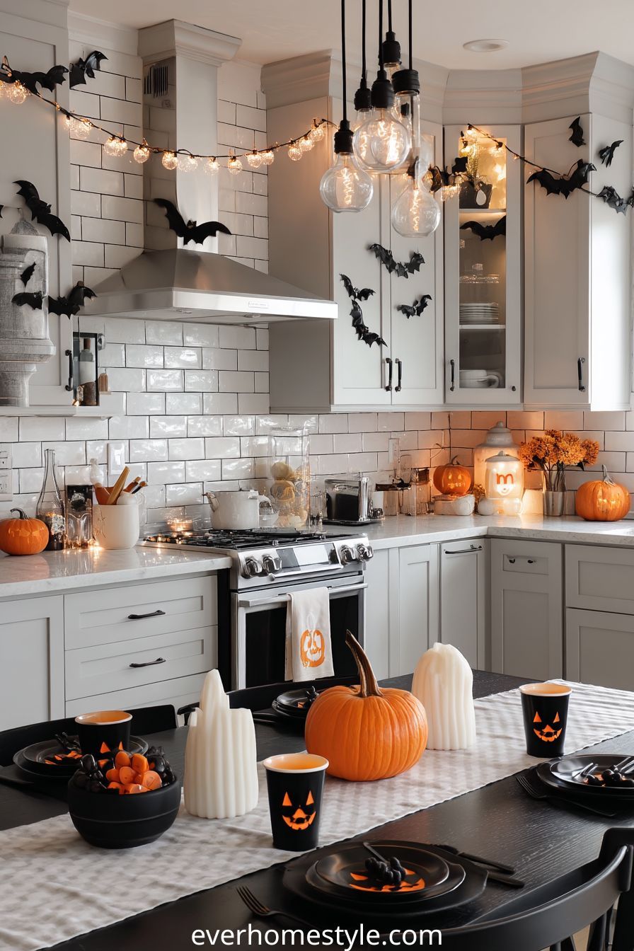 Dining table with flying bats decor and subway tile backsplash