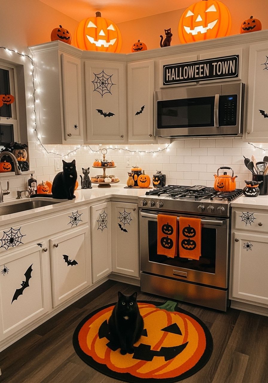 Kitchen with halloween town glowing pumpkins and a black cat statue