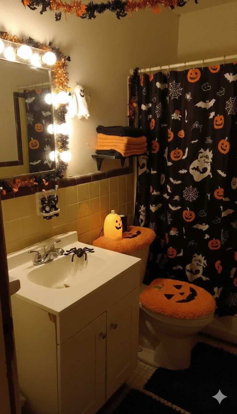 Bathroom vanity mirror with tinsel trim, pumpkin‑print shower curtain, ivory tiles, warm white lighting.