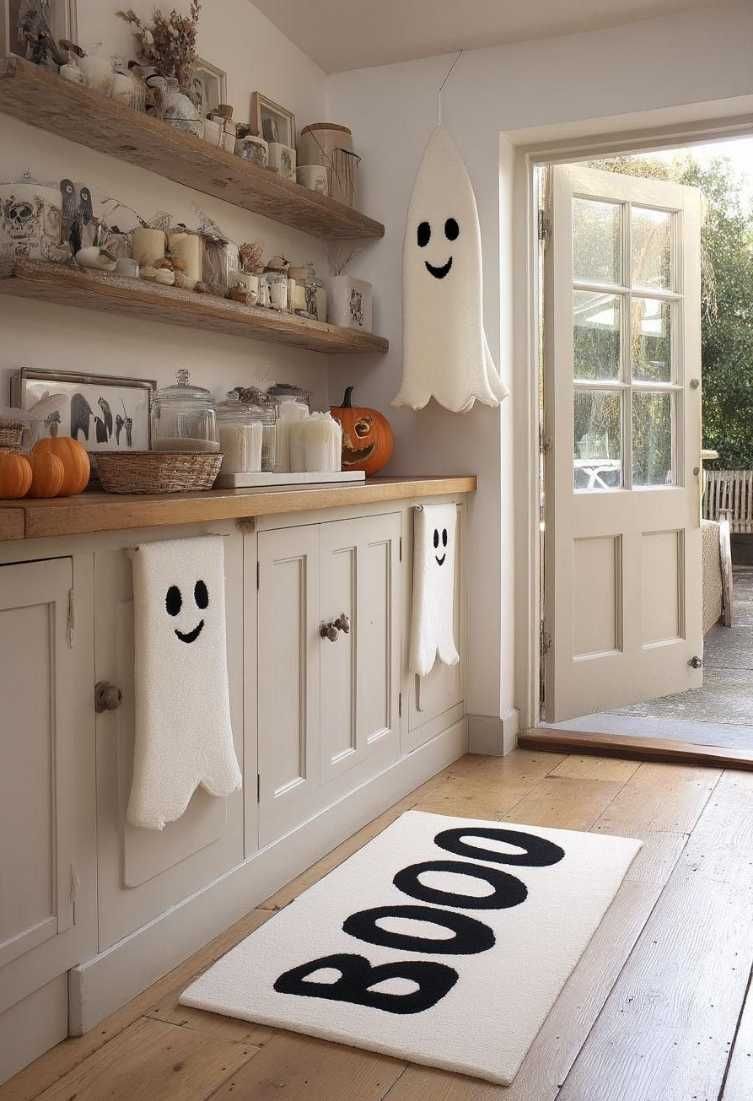 Cottage kitchen with a hanging ghost boo rug on the floor
