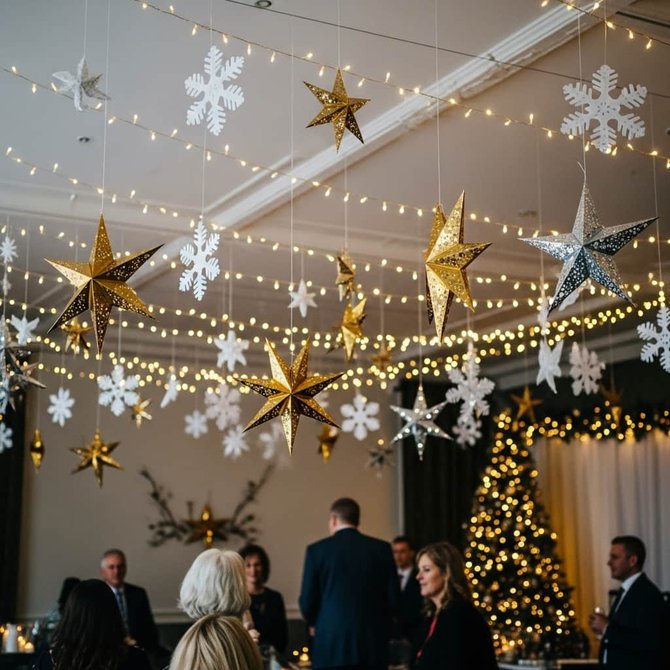 Dining room ceiling with three-dimensional gold stars, fairy light curtain, and warm pendant light