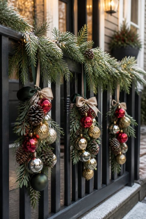 Front porch with clusters of hanging ornaments, glass baubles, soft ambient lighting