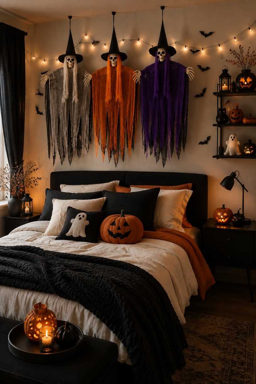 Bedroom with hanging witch and skeletons, headboard, and pumpkin pillows.