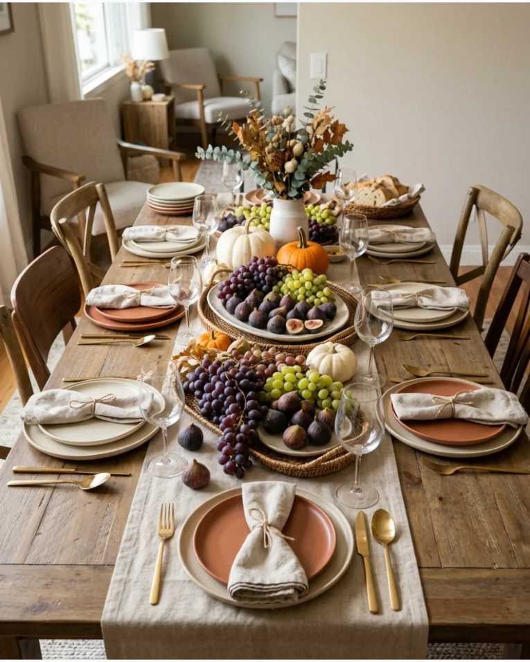 Harvest fruit trays with grapes and figs in terracotta bowls