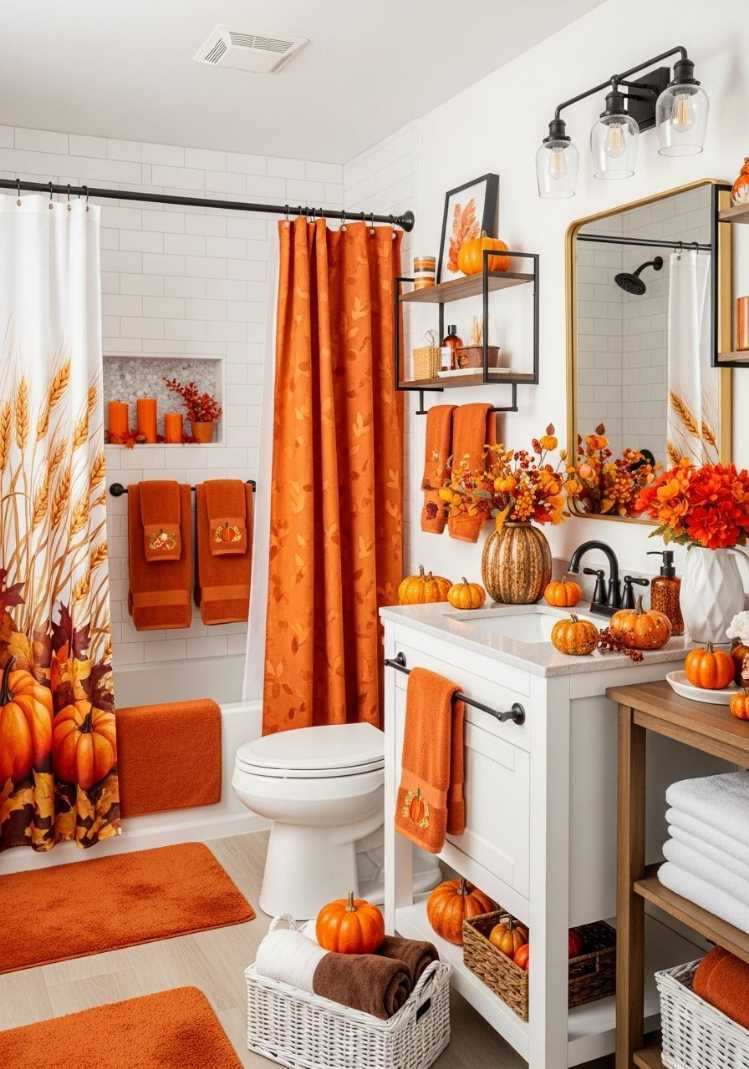 Shower curtain with pumpkin and wheat motifs, orange floral towels, natural wood vanity, soft daylight.