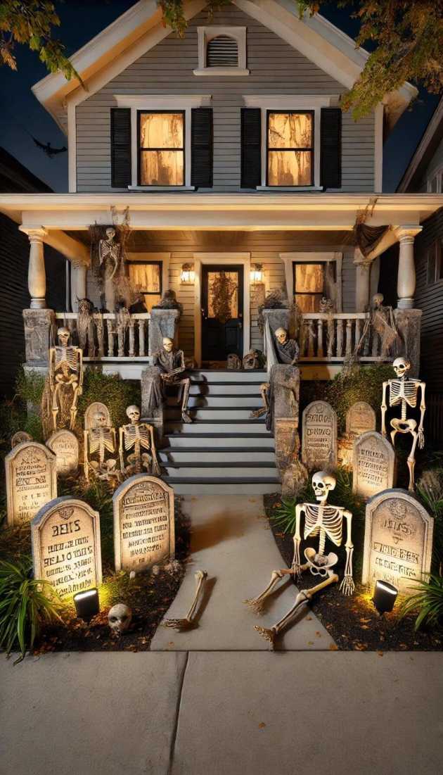 Front porch with a haunted graveyard theme, featuring tombstones and skeletons.