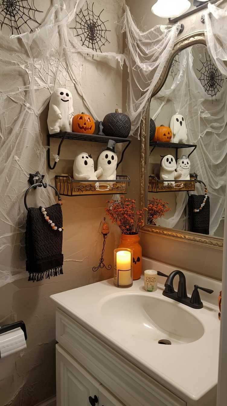 Bathroom mirror draped in heavy cobwebs, ceramic ghost shelf décor, matte black vanity, cool white LEDs.