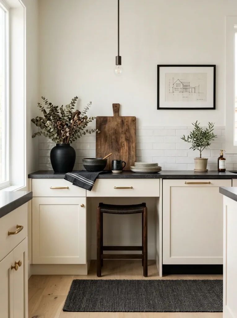 Bold kitchen with white marble countertops, black matte cabinets, stainless steel appliances, black and white patterned floor.