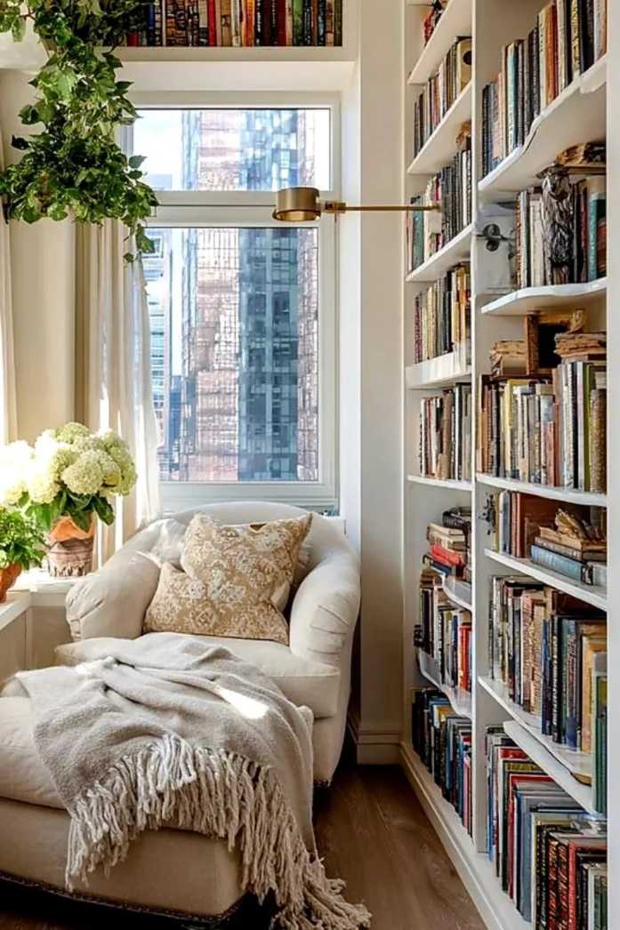Modern chaise lounge, floor‑to‑ceiling city window, black metal frame, charcoal throw, cool LED lighting.