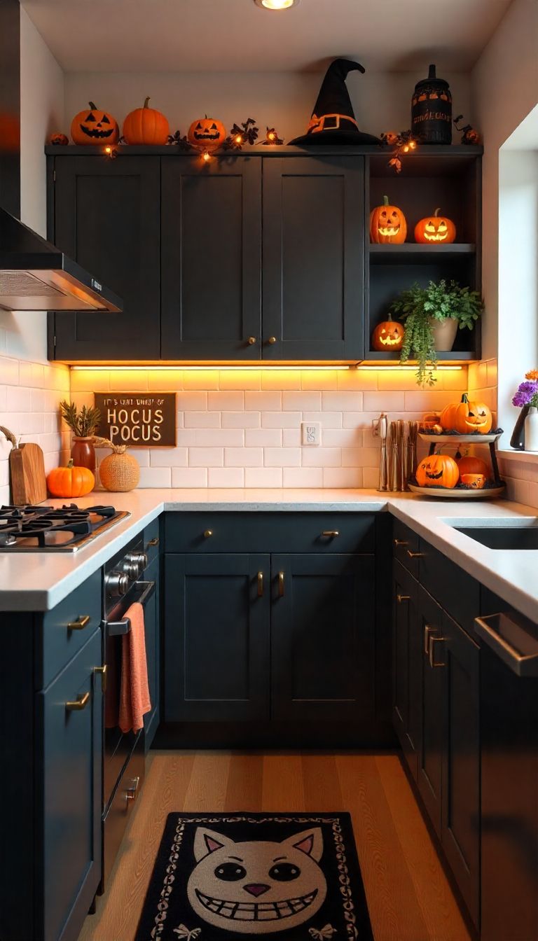 Kitchen with navy cabinets and a witch hat decor