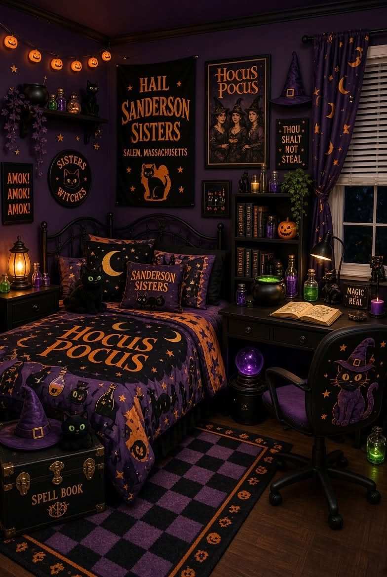 Bedroom with purple hocus pocus theme, sanderson sisters decor, and witchy accents.