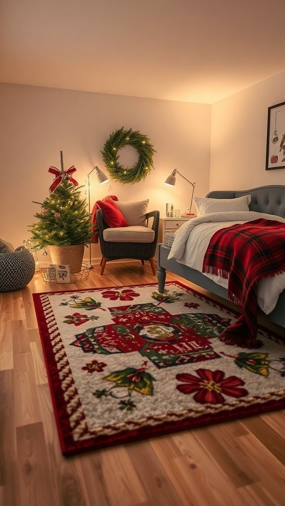 Bedroom with a large holiday-themed area rug, wooden furniture, and warm natural light.