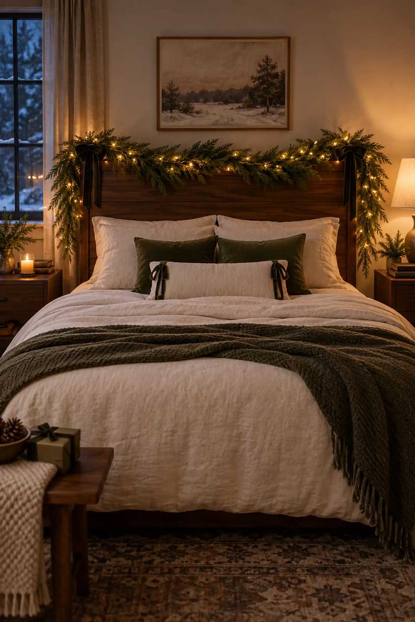 Cozy bedroom with cedar garland draped over a walnut headboard, amber bedside lamps, and textured rug.