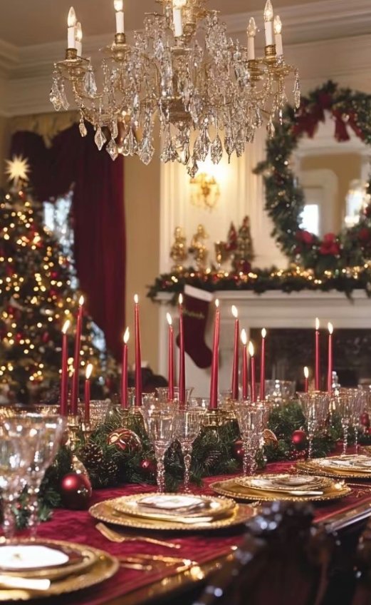 Formal dining table with crystal candle holders, silver chargers, soft candlelight, ivory table runner.