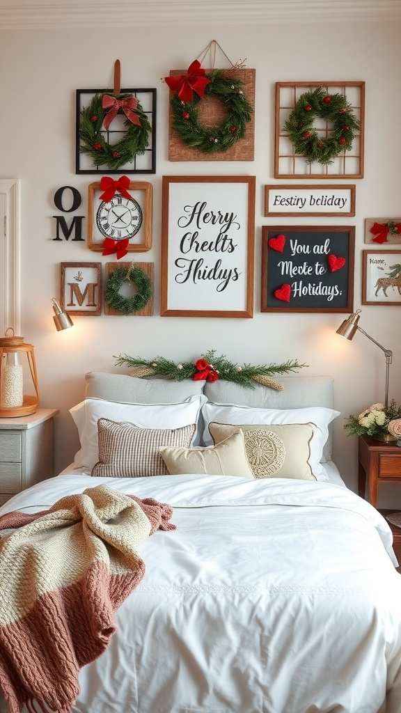 Bedroom with festive wall hangings, tassels, and warm lighting, creating a cozy atmosphere.