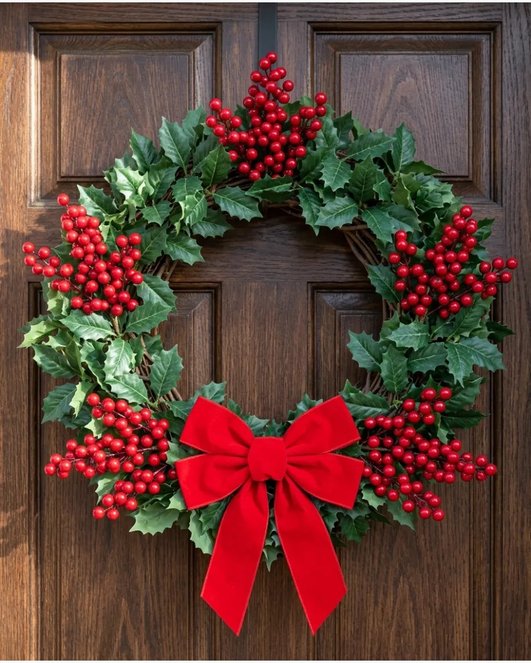 Holly berry wreath on white door with green leaves