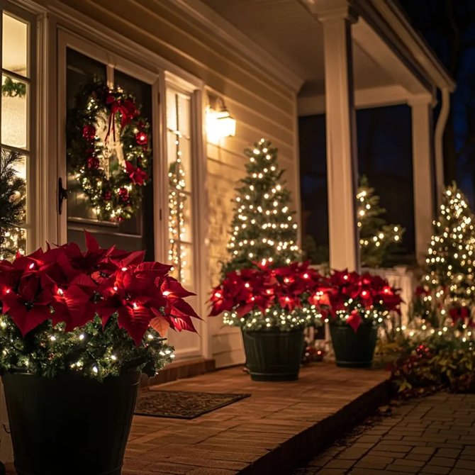 Front entry urn planters filled with bright red poinsettias, cedar cuttings, and delicate fairy lights.