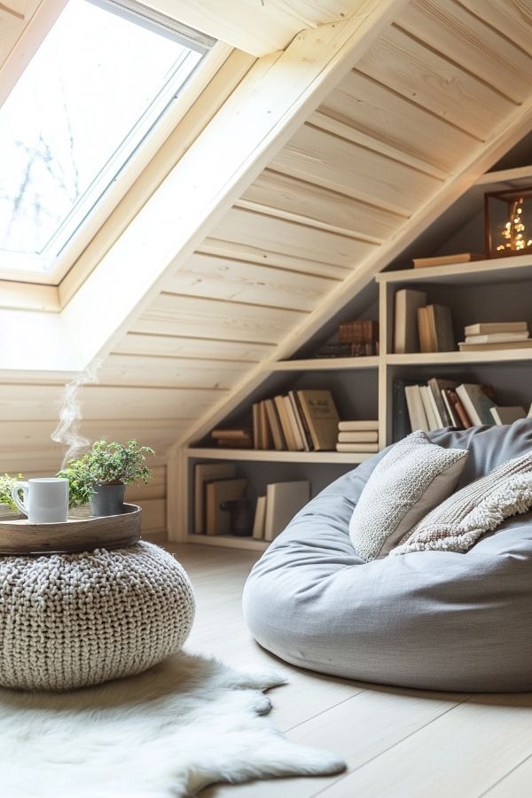 Cozy attic reading nook featuring a skylight, plush bean bag, and soft textiles under natural daylight.