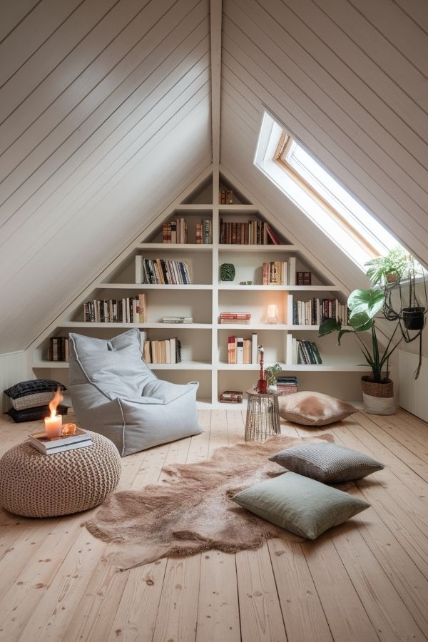 Custom triangular bookcase in an attic home library with a matching beanbag and warm accent lighting.