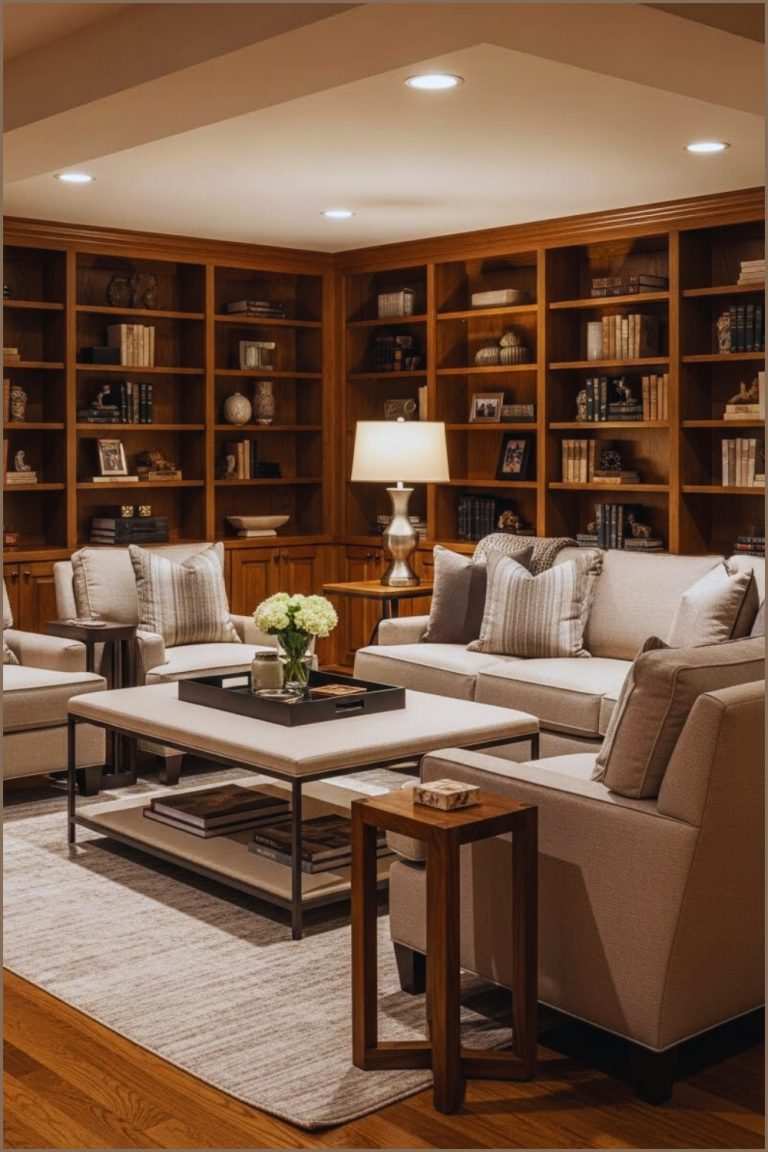 Warm basement library with floor-to-ceiling wooden built-in shelves and soft ambient lighting for reading.