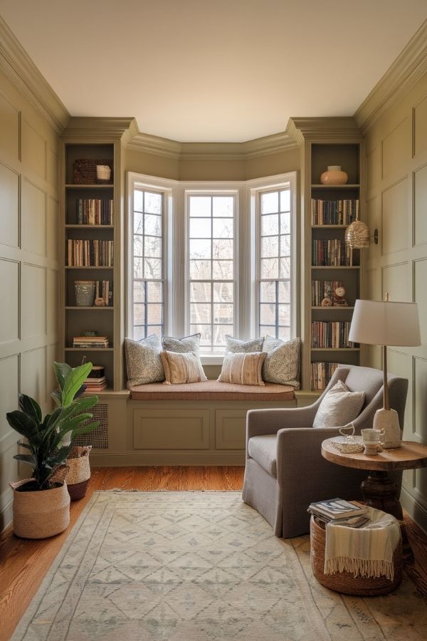Bay window home library nook with a built-in wooden bench, cushions, and surrounding bookshelves.