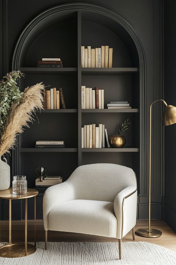 Modern home library with a black arched bookshelf, cream lounge chair, and warm floor lamp lighting.