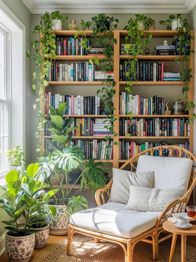 Bohemian home library corner with a rattan lounger, trailing green plants, and warm, natural textures.
