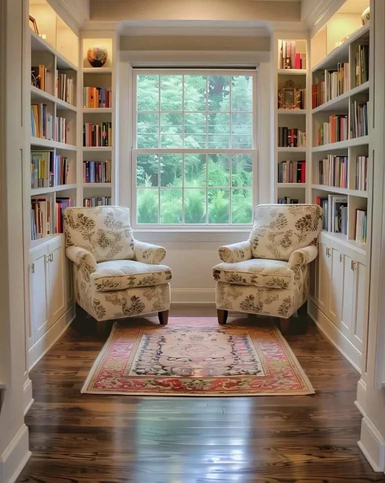 Cozy home library window nook with two floral accent chairs and a small rustic wooden table.