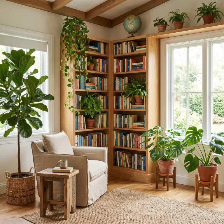 Corner home library setup with open bookshelves and hanging indoor plants adding greenery and vertical interest.