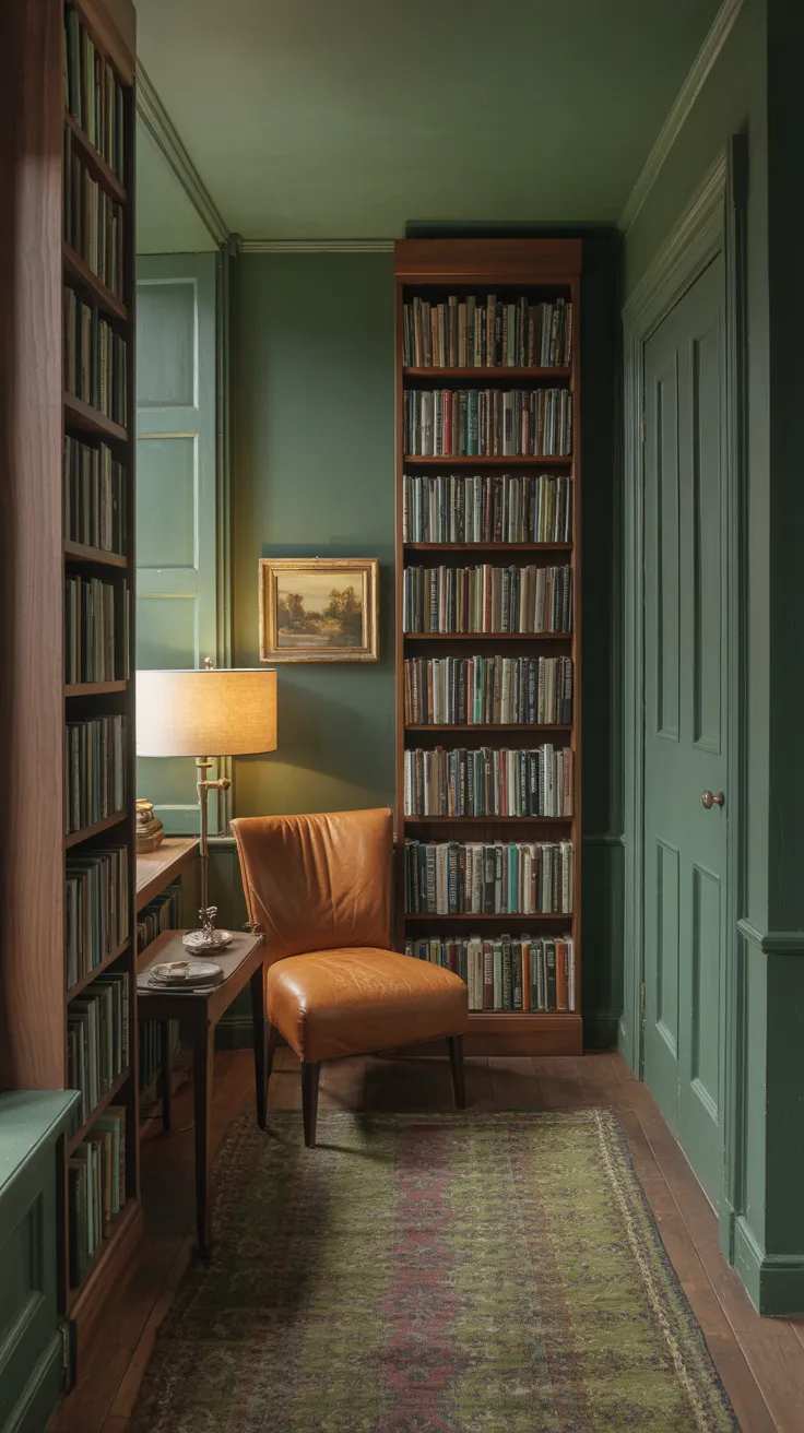 Home library nook with sage green walls, a cognac leather chair, and warm ambient lighting.