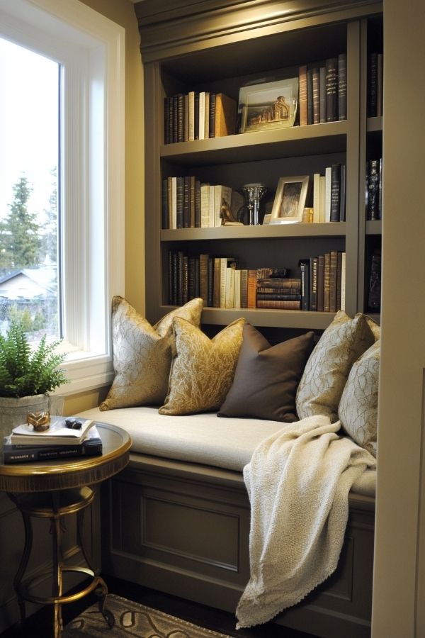Window reading bench in a home library with surrounding bookshelves and soft, natural daylight.