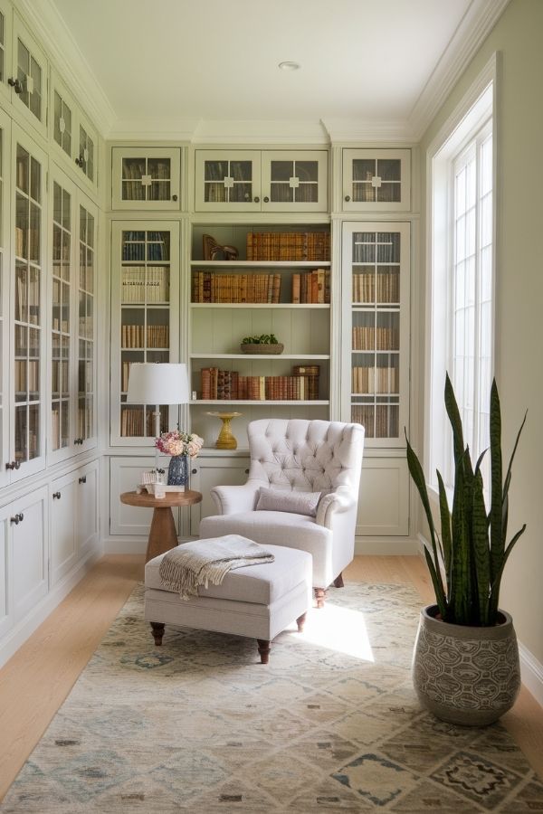 Elegant home library with cream glass-front cabinets, a tufted velvet chair, and soft, diffused lighting.