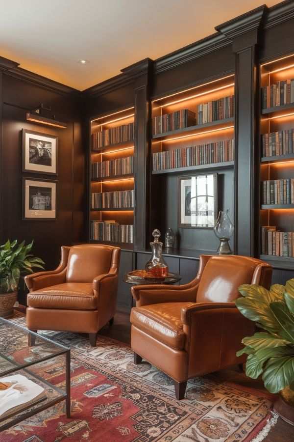 Dark academia style home library with lit bookshelves, leather chairs, and moody, warm lighting.