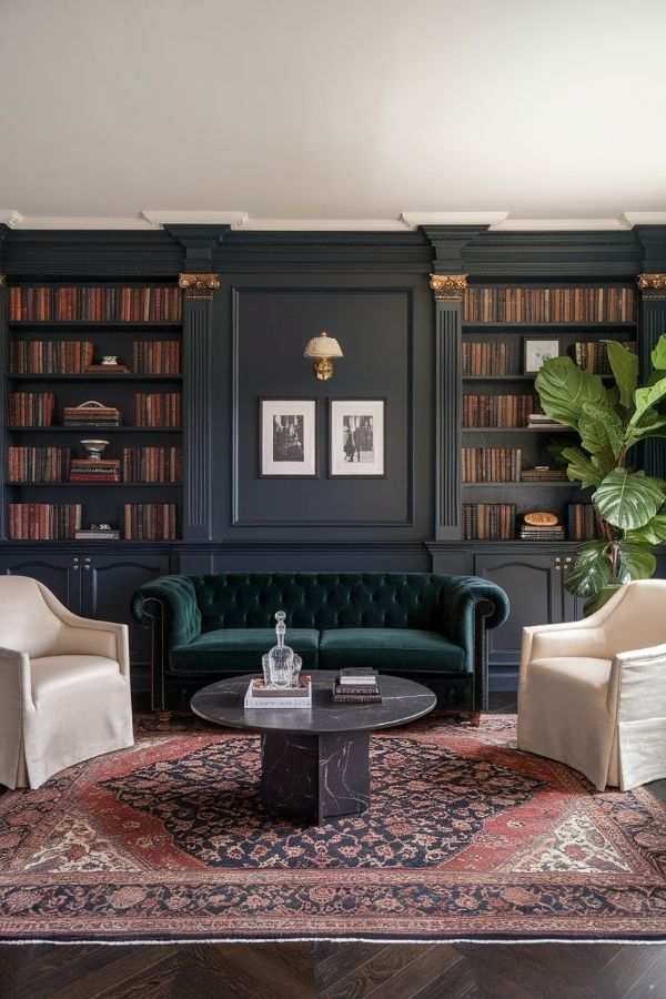 Cozy home library with a dark charcoal green velvet chesterfield sofa and warm, ambient lighting.