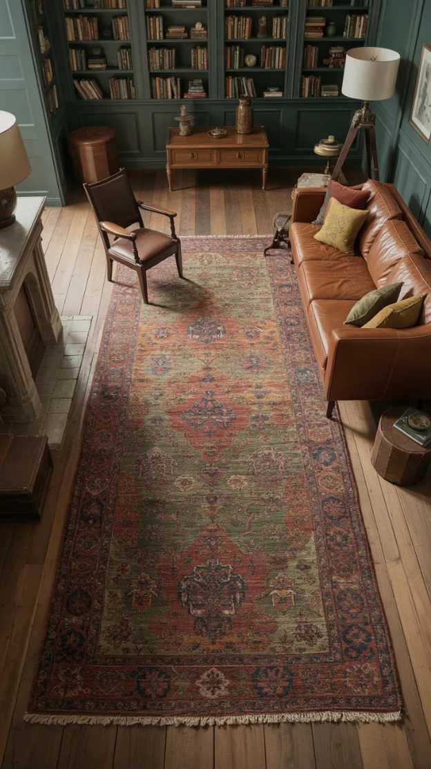 Dark green home library with a vintage patterned rug and a worn leather sofa for a cozy, lived-in feel.