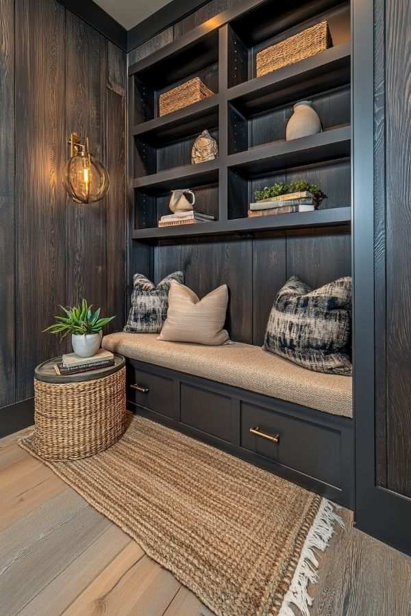 Dark wood built-in bench seating in a home library with integrated storage and warm lighting.