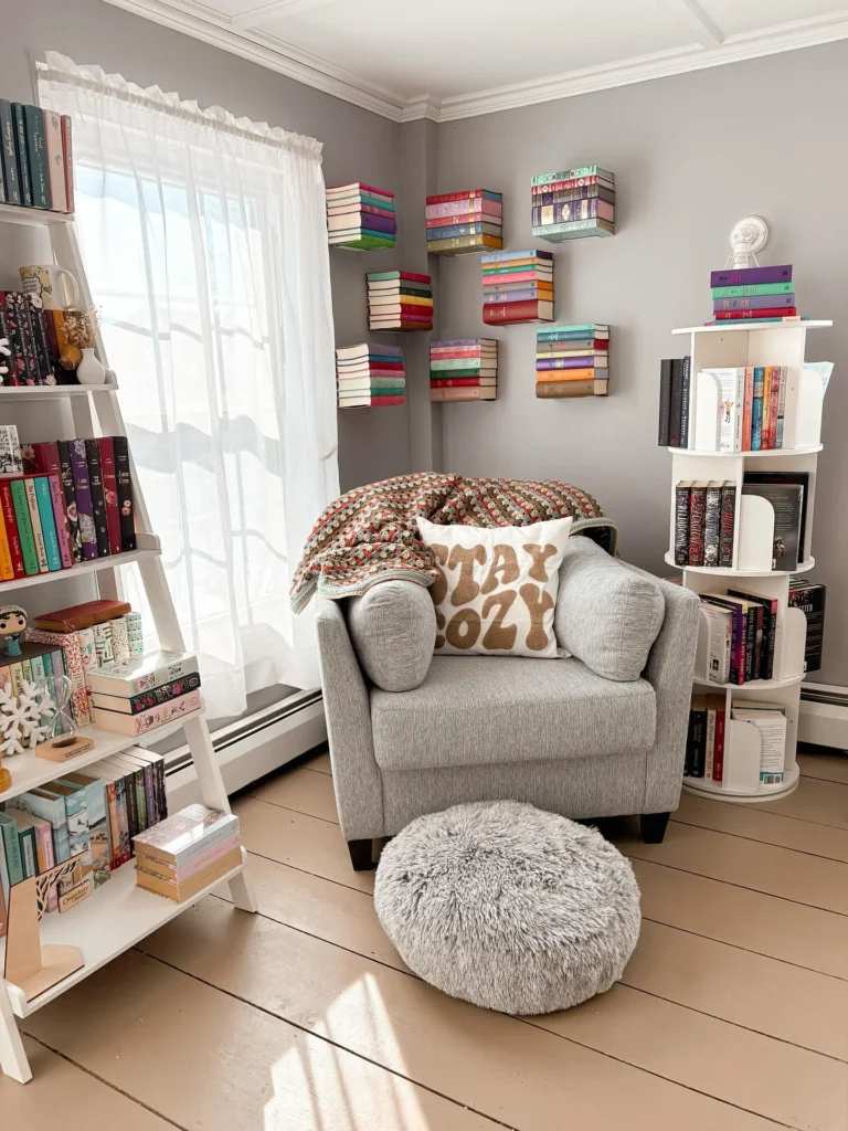 Modern home library with floating bookshelves and a central revolving book tower for easy access.
