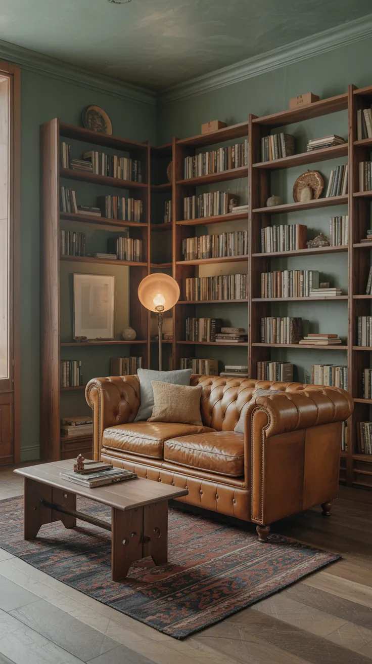 Home library with sage green walls and a brown leather chesterfield sofa for a classic, cozy feel.