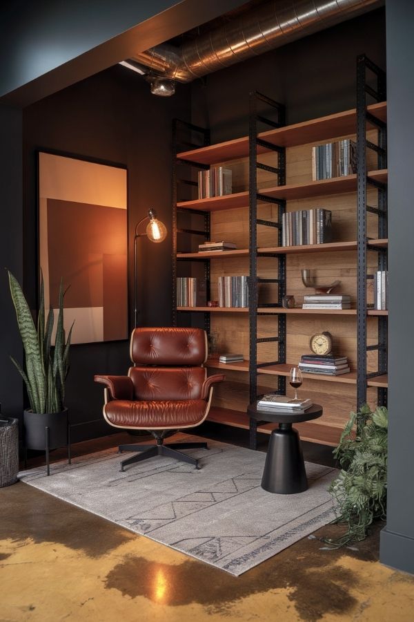Industrial home library with metal shelves and a classic Eames lounge chair for a modern, retro vibe.
